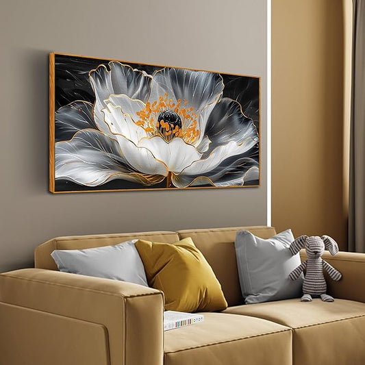 Gold Wall Art White Wall Pictures Beautiful Flower Wall Decorations for Living Room Black Artwork 24"x48" Art for Home Office