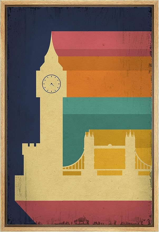 IDEA4WALL Framed Canvas Print Wall Art Retro Vintage British Big Ben Poster Cultural Building Illustrations Modern Art Contemporary Scenic Warm for Living Room, Bedroom, Office - 24"x36" NATURAL