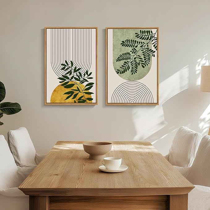 Framed Green Boho Wall Art Set of 2 for Living Room Decor, Bohemian Botanical Geometric Pictures Artwork for Walls, Modern Neutral Canvas Painting Print Wall Decor for Bedroom Home Office, 16x24 Inch