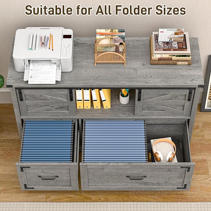 Vabches Lateral File Cabinets 2 Drawer with Sliding Barn Doors, Farmhouse Filing Cabinet with 2 Drawer for Home Office，Filing Organization Storage Cabinets for Hanging Files Letter/Legal/F4/A4