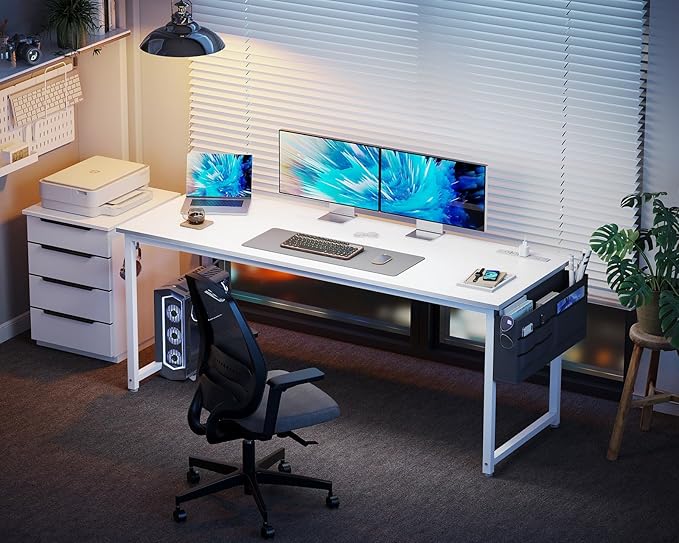 KKL Large Computer Desk with Power Outlets and USB Port Desk for Home Office Gaming Simple Modern Style Writing Desks with Storage Bag Headphone Hook, 63 inch, White