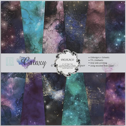 Galaxy Scrapbook Paper 6x6, 12 Cosmic Designs, Acid-Free 160gsm Single-Sided Decorative Craft Paper for Scrapbooking, Journaling, Card Making & DIY Crafts-24 Sheets