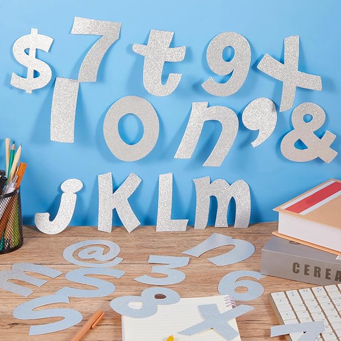 Colarr 216 Pcs Glitter Bulletin Board Letters for Classroom Number Alphabet Punctuation Symbol Cutout 4'' Die-Cut Poster Letter with Adhesive Dot School Party Holiday Decor Display(Silver)