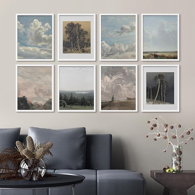 SIGNWIN Framed Poster Wall Art Set of Vintage Landscape Wall Antique Tree Cloud Art Rustic Framhouse Decor for Living Room, Bedroom, Office - 12"x16"x 8 White
