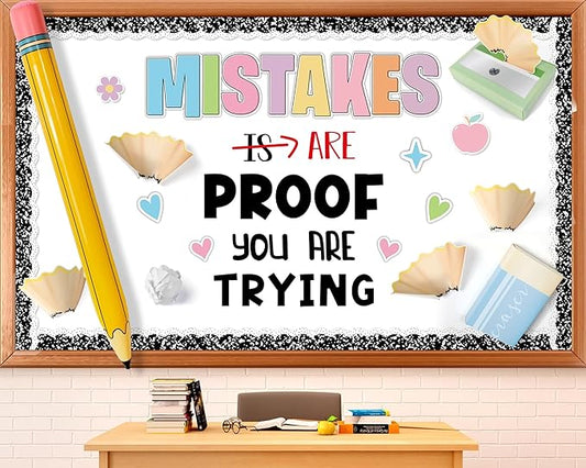 3D Back to School Bulletin Board Set with Pencil Balloon Inspirational Educational Classroom Decor Mistakes are Proof You are Trying Bulletin Board for Teacher Supplies Composition Notebook