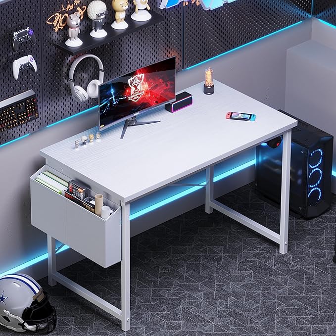 OLIXIS Computer Desk 44 Inch Home Office Desks for Small Spaces, Gaming Writing Study Work Table with Storage Bag and Headphone Hook for Bedroom, White