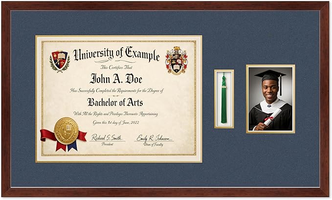 CountryArtHouse Diploma Tassel and Photo Shadowbox Fits 17 x 13 International Diploma with Tassel Hoo Rustic Walnut Genuine Hardwood with Navy Blue Over Metallic Gold Double mat