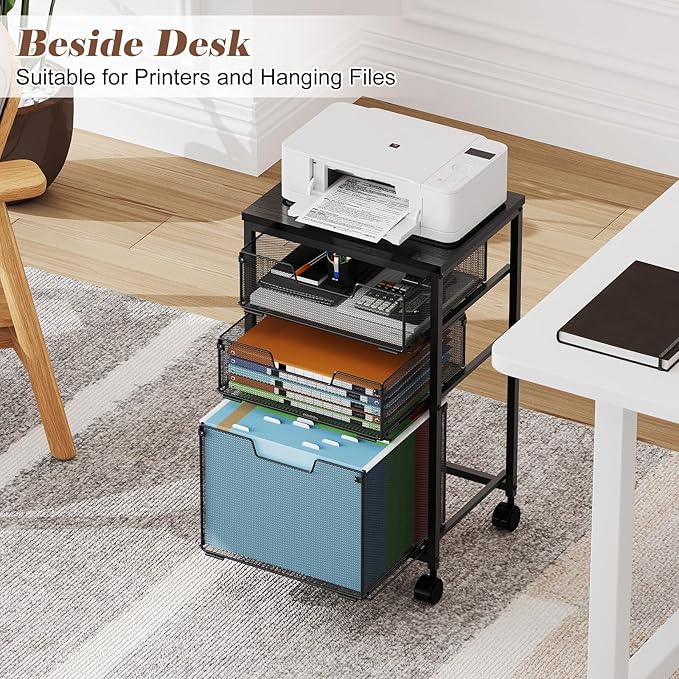 Rolling File Cart with 3 Drawers, Metal Mobile Filing Cabinet for Home Office, Hanging Folder Holder with Printer Stand, Utility Cart Under Desk Storage Organizer with Wheels, Black