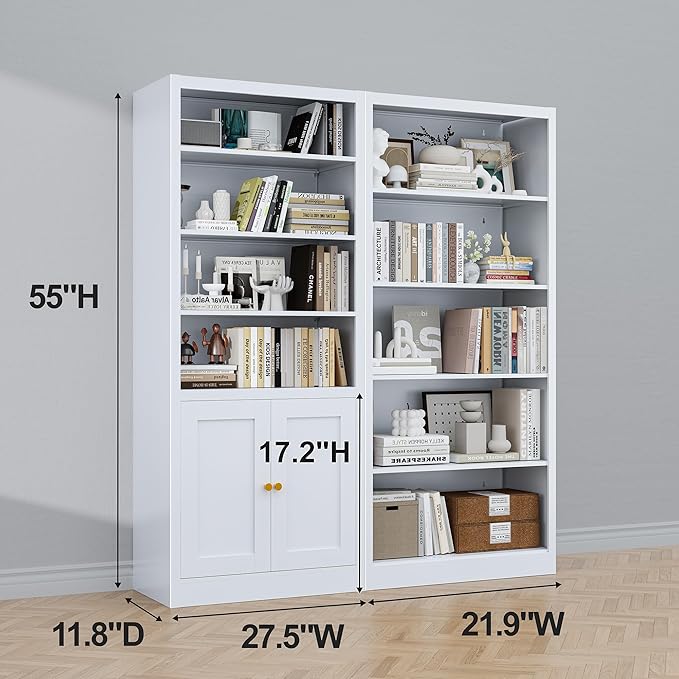 Bookshelves and Bookcases, 5 Shelf Bookcase for Home Office Library Living Room, Metal Bookcase with Adjustable Shelves. Set of 2