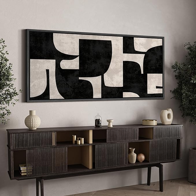 SIGNFORD Extra Large Framed Canvas Black and Beige Geometric Abstract Mid-Century Illustrations Modern Art Calm Warm for Living Room, Bedroom, Office - 60"x30"