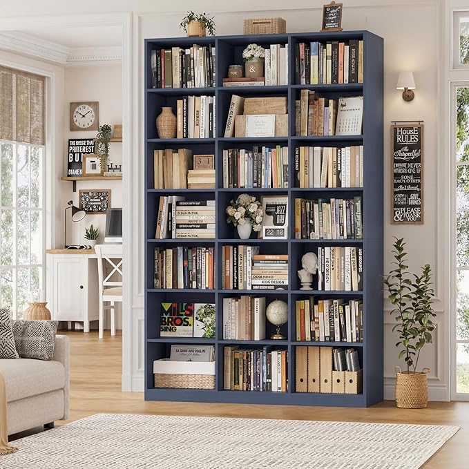 HOSTACK 86" H Triple Wide Bookshelf and Bookcase, 7 Tier Tall Bookshelf with Storage, Large Bookcase with 21 Open Display Storage Shelves, Wood Book Shelf Media CD DVD Storage for Living Room, Blue