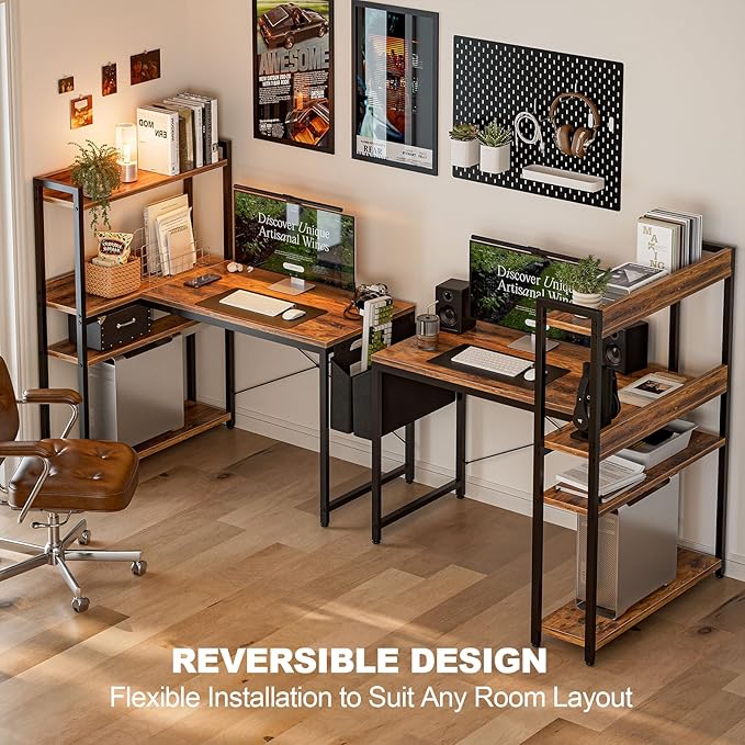 Grandder 47 Inch L Shaped Computer Desk with Reversible Storage Shelves, Home Office Corner Desk Study Writing Table with Hutch, Study, Rustic Brown