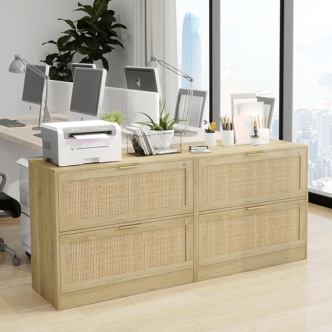 HOPUBUY 2 Drawer File Cabinet with Lock, Printer Stand Lateral Filing Cabinets for Home Office and School, Wood Rattan File Cabinet for Hanging Files/Letter/Legal/A4/F4 Size, Natural Wood