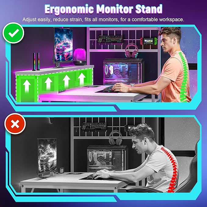 55" Gaming Desk with LED Lights & Outlets,Computer Desk with Drawers & Monitor Stand,Gaming Table with Storage Shelves & Printer Space for Game Room,Study Room,Home Office,Bedroom,White
