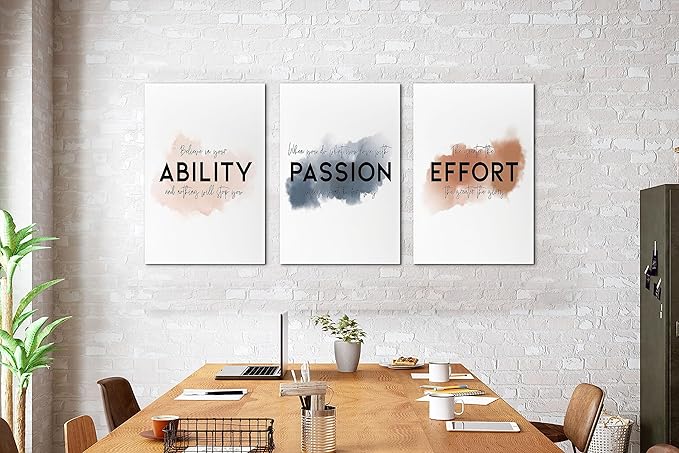 SHMAO Office Canvas Wall Art Motivational Wall Decor, 3 Piece Ability Passion Effort Print Pictures for Office Wall Decor Women Inspirational Framed Artwork Home Office Decor 16”x24”x3 Panels