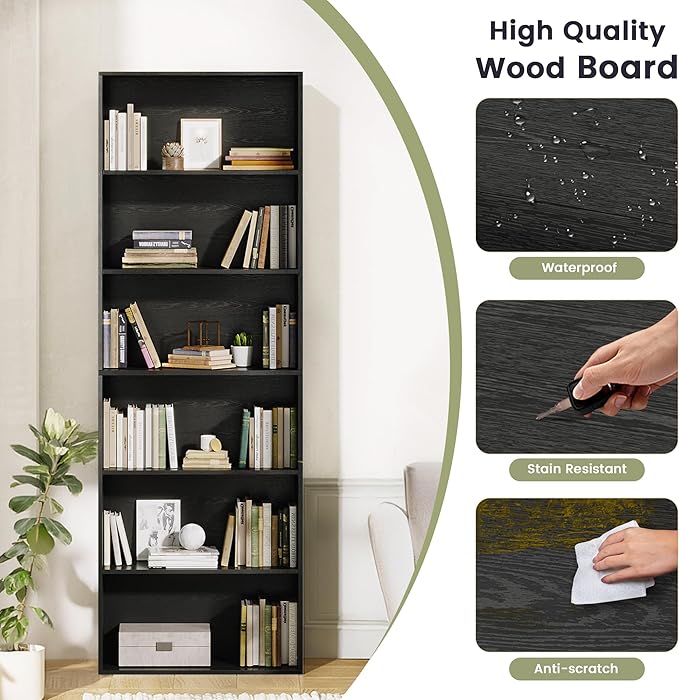 71" Tall 6-Tier Bookshelf, Large Open Display Bookcase with Ample Storage, Floor Standing Book Shelf for Living Room, Home Office, Bed Room, Black