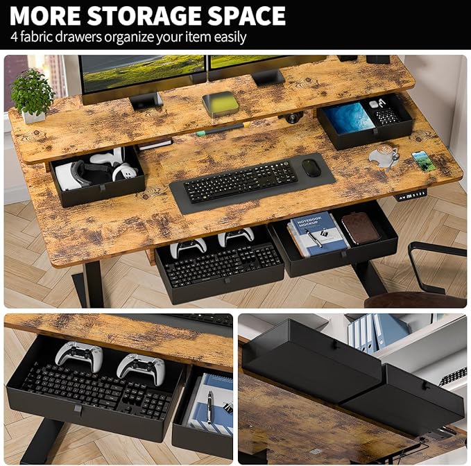 Kingant 55 x 30 Inch Electric Standing Desk with 4 Drawers, Adjustable Height Computer Desk for Home Office, Large Workstation Sit Stand Up Desk with Built-in USB A/C Charging Ports, Rustic Brown