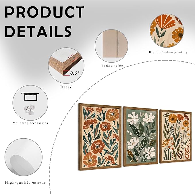 InspiredHues 3 Piece Abstract Boho Floral Canvas Wall Art, Green Beige Flower Market Wall Decor, Minimalist Colorful Botanica Artwork Prints for For Living Room Bedroom Office 16x24 Inch Wood Framed