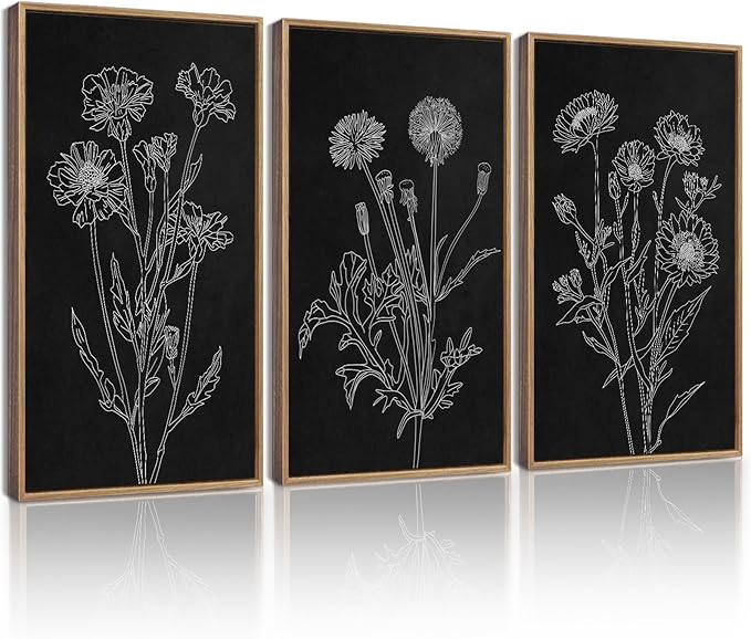 Drsoum Black White Flower Wall Art Vintage Minimalist Floral Wall Hanging Decor Bohemain Botanical Prints Artwork for Bedroom Living Room Hallway 16x24in Natural Framed
