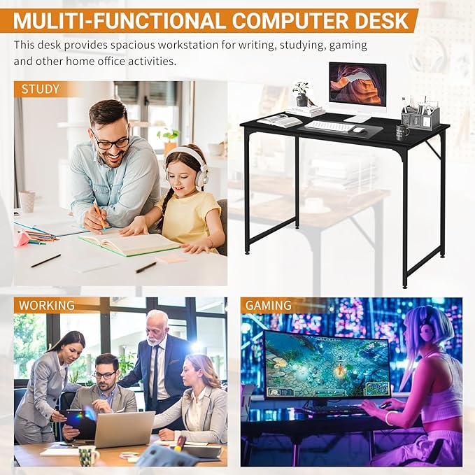 BLKMTY 39" Computer Desk, Home Office Writing Desk Wood PC Study Table Work Desks Modern Simple Style Laptop Table with Metal Frame and Smooth Tabletop for Workstation Bedroom, Black