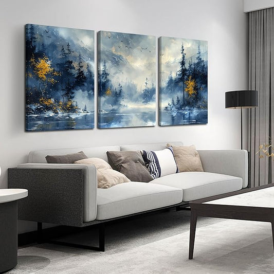 SIXTTART Trees Canvas Wall Art for Living Room - Blue Forest Wall Decor Office - 3 Piece Pictures Wall Art Size 16" x 24"