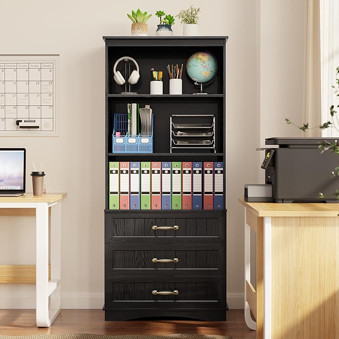 Gizoon 70'' Tall Bookcase with 3 Drawers Wooden Bookshelf with Storage Cabinet Multifunctional Book Storage Organizer for Office Living Room and Bedroom，Black