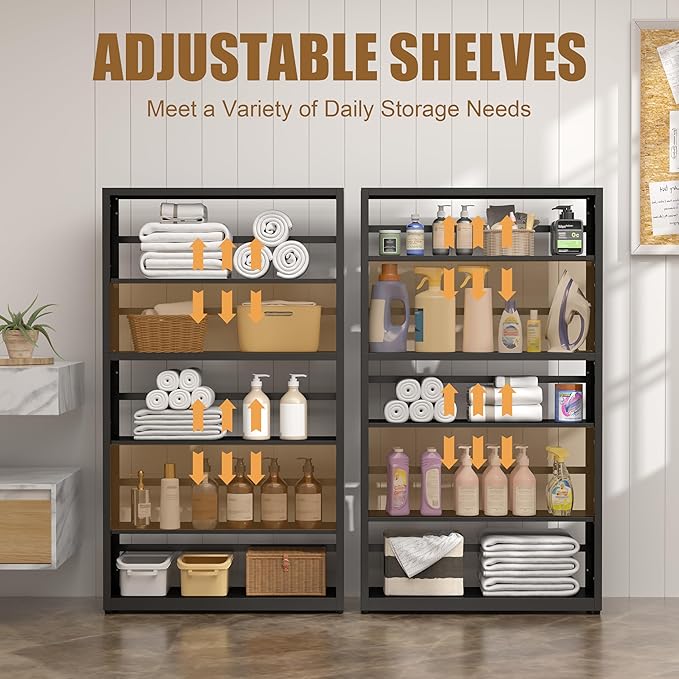 5 Tier Bookshelf, 55"Tall Metal Bookcase with Adjustable Shelves, Modern Display Book Shelf, Black Bookcase Shelf, Utility Shelf, Storage Shelves for Office, Living Room, Kitchen, Study-31"W