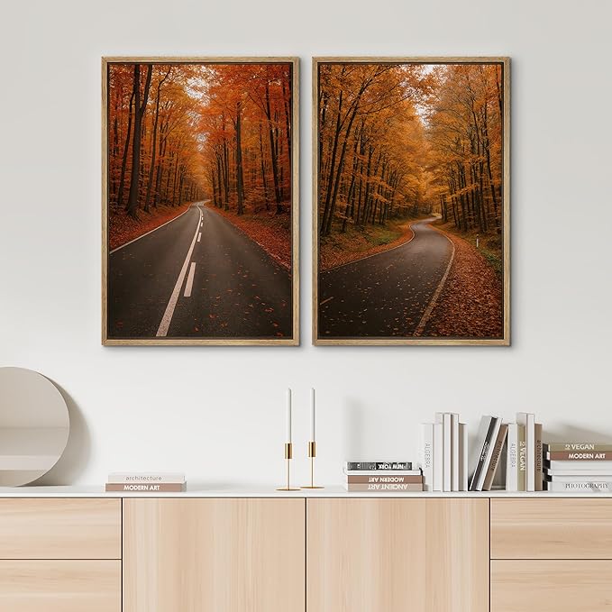 SIGNWIN Framed Canvas Print Wall Art Set Autumn Forest Road Nature Landscape Illustrations Modern Art Minimal Boho Relax/Calm for Living Room, Bedroom, Office - 24"x36"x2 Natural