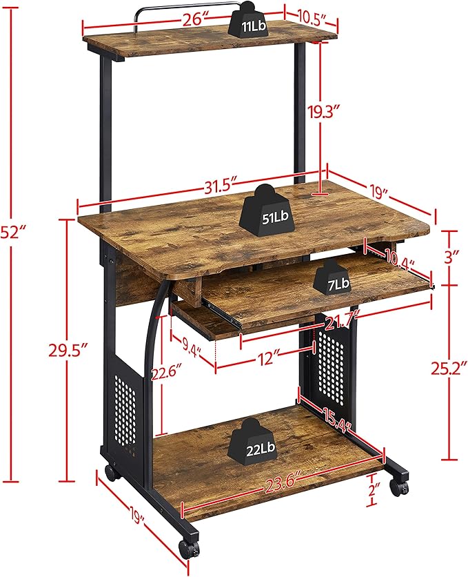 Topeakmart Retro Computer Desk on Wheels Mobile Computer Desk with Printer Shelf and Keyboard Tray, 3 Tiers Home Office Desk with Storage for Small Space, Compact Computer Workstation, Rustic Brown