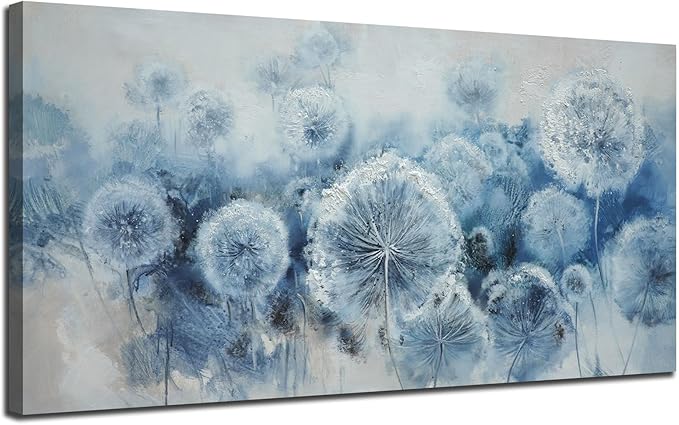 Arjun Wall Ar for Living Room, Dandelion Painting Flower Indigo Floral Canvas Art Wall Decor, Blue and White Textured Bedroom Artwork Framed for Home Office 48"x24"
