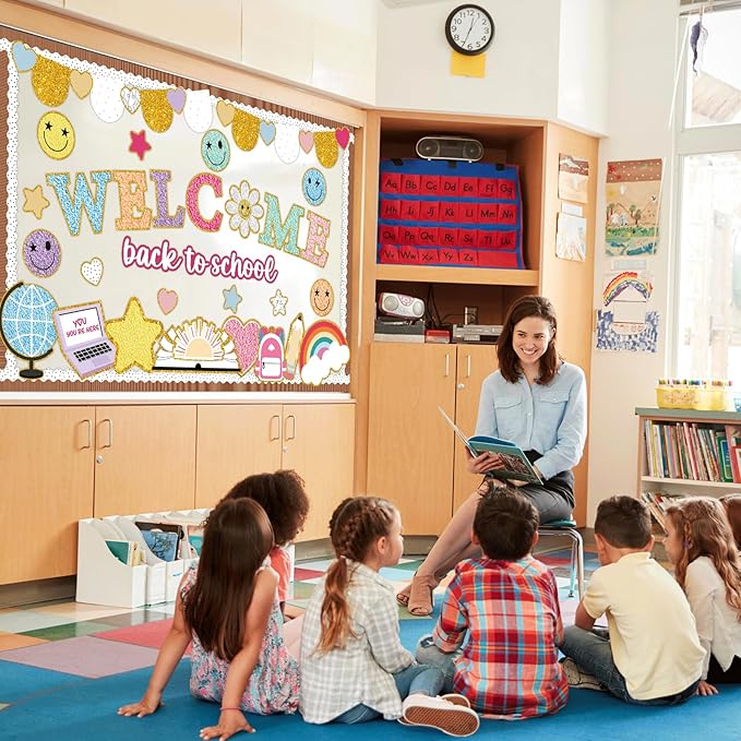 Welcome Back to School Bulletin Board Set Boho Groovy Classroom Decorations Colorful Preppy Face Paper Cutouts for Classroom Nursery Chalkboard Preschool Wall Door Decor Teacher Supplies