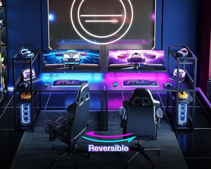 ODK Reversible Gaming Desk LED Lights, 40 Inch Computer Desk with Storage Shelves & Monitor Stand, Study Table for Home Office, Small Space Bedroom, Carbon Fiber Black