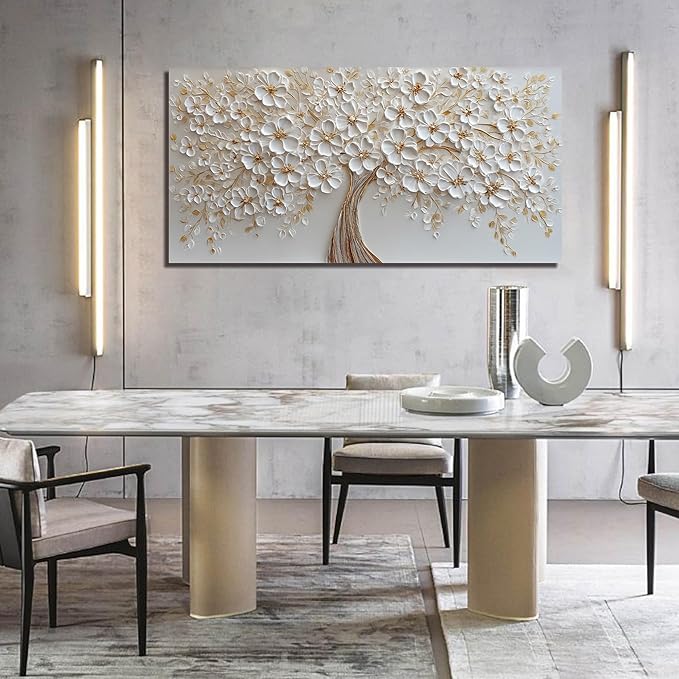 Large Tree Artwork for Walls Office White Flower Canvas Wall Art for Living Room Wall Decor for Bedroom Aesthetic Size 29 x 58 Inch