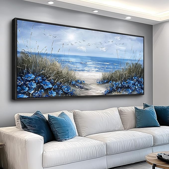 KELIYUAN Blue Ocean Wall Painting Wall Art For Living Room Large Canvas Wall Decor For Bedroom Office Decor Sea Wave Pictures Artwork Modern Beach Posters Aesthetic Home Decor Wooden Frame 32"X72"