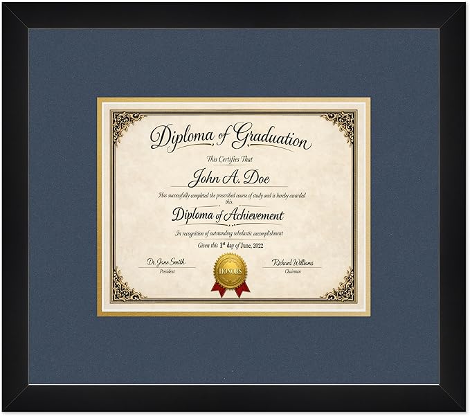 Diploma Frame Matte Black with Navy Blue Over Gold Double Mat - Fits 10 x 8 Professional License Wall Display Made in the USA