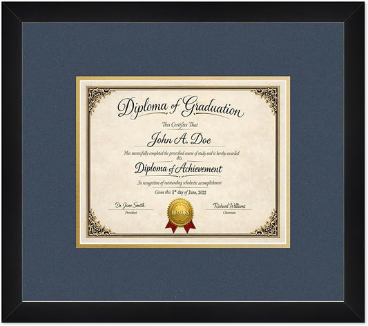 Diploma Frame Matte Black with Navy Blue Over Gold Double Mat - Fits 10 x 8 Professional License Wall Display Made in the USA