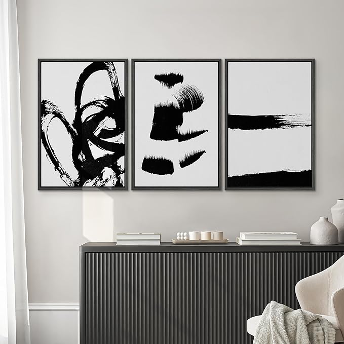 SIGNWIN Framed Wall Art Print Set Grunge Style Black & White Paint Strokes Abstract Shapes Illustrations Modern Art Bohemian Group Dramatic Grey for Living Room, Bedroom, Office - 16"x24"x3 Black