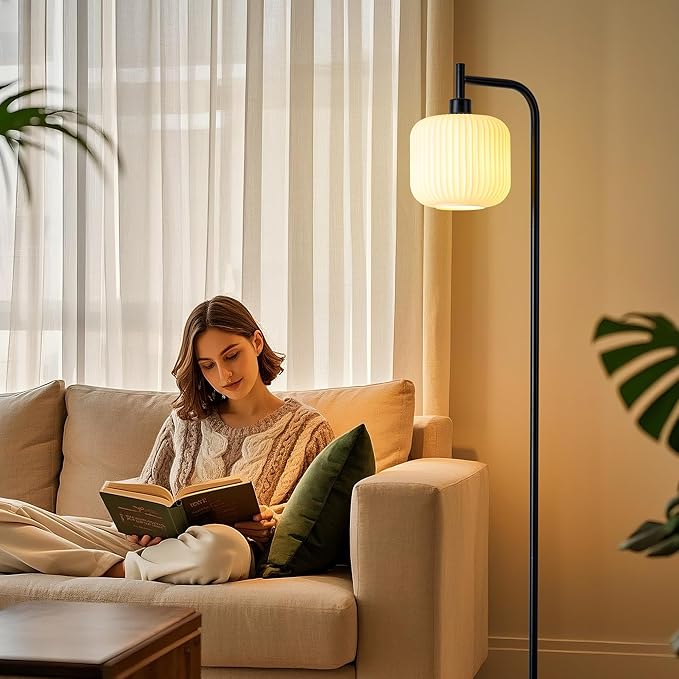 MAYNA Modern Industrial Floor Lamp, Frosted White Glass Standing Lamp with Built-in Timer Switch, Black Tall Minimalist Lamps for Living Room Bedroom, 2700K LED Bulb Included