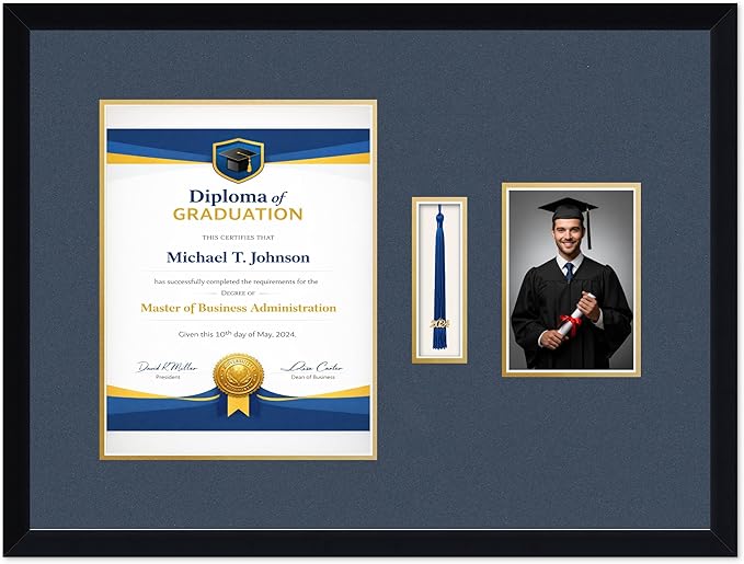 Diploma Tassel and Photo Frame Matte Black Shadowbox Navy Blue Over Gold Mat - Fits 10 x 13 Degree Picture Made in the USA