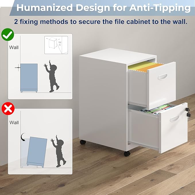 2 Drawer File Cabinet with Lock, Filing Cabinets with Wheels, Rolling File Cabinets for Home Office, Metal Office File Cabinet, for Holding Letters and File Boxes, Assembly Required, White