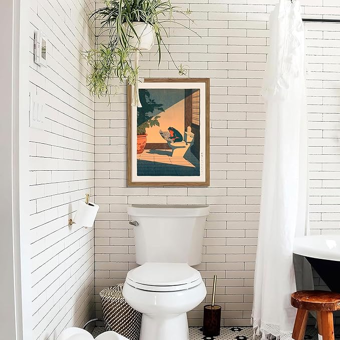 Funny Frog Bathroom Decor Wall Art, Cute Japanese Animal Canvas Wall Decor Painting, Whimsical Frog on Toilet Reading Newspaper Artwork Poster Prints Pictures for Bathroom Restroom 12x16 Inch