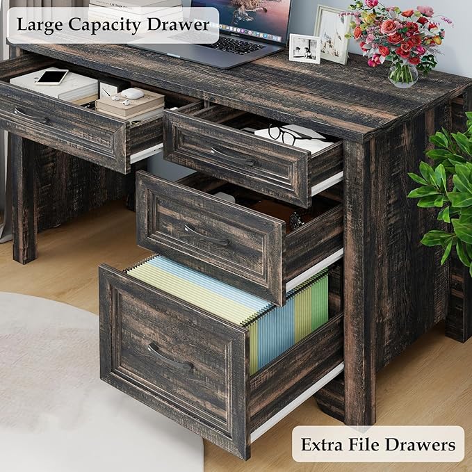 Farmhouse Executive Desk with Drawers, Wood Computer Desk with Ample File Drawer, Rustic Home Office Desk with Storage for Bedroom, Living Room, Dark Oak