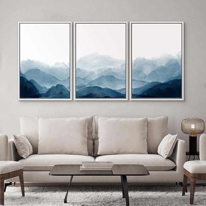 SIGNWIN Framed Canvas Print Wall Art Blue Watercolor Mountains in Fog Nature Wilderness Modern Art Cool for Living Room, Bedroom, Office - 24"x36"x3 White