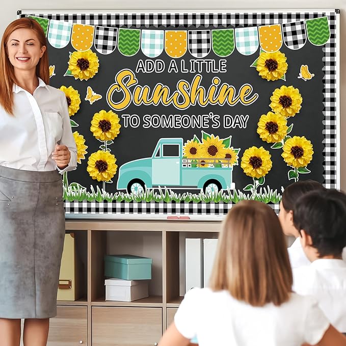 Spring Sunflower Truck Bulletin Board Decorations with 3D Tissue Paper Pompoms Sunflower Themed Plaid Borders Yellow Summer Sunflower Cutouts Back to School Teacher Supplies School Office Wall Decor