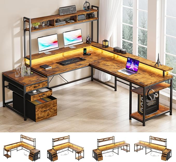 EnHomee 64 x 60 Inches L Shaped Desk with Hutch and Drawers, Gaming Desk with Power Outlet & Monitor Stand & LED Lights, Computer Corner Desk, Two Person Office Desk for Living, Bedroom, Rustic Brown