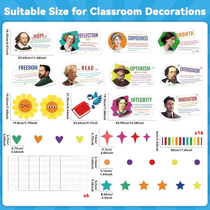 gisgfim Author Literature Bulletin Board Decoration Set English Literature Author Cutouts Motivational Classroom Decor Supplies for Teacher Elementary Middle High School Home Wall(Author)