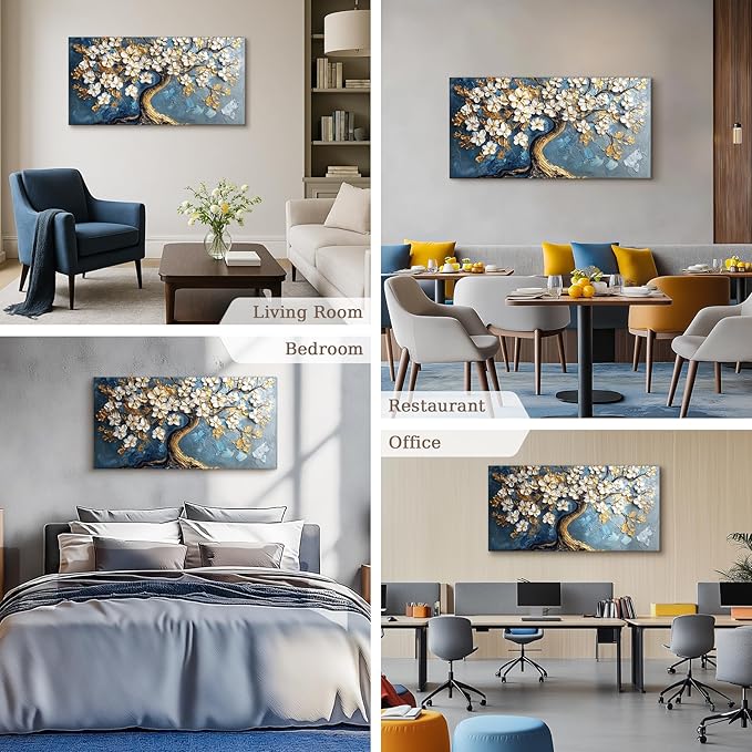 SERIMINO Tree of Life Large Canvas Wall Art, Abstract Gold Tree Modern Office Decorations, Nature White Floral Artwork for Walls, Navy Blue Pictures Wall Decor Living Room Bedroom Art Prints 20"X40"