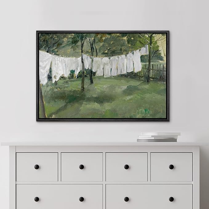 MUDECOR Framed Canvas Print Wall Art White Laundry Hanging in Garden Rustic Countryside Illustrations Minimalism Decorative Relax Colorful for Living Room, Bedroom, Office - 24"x36" Black