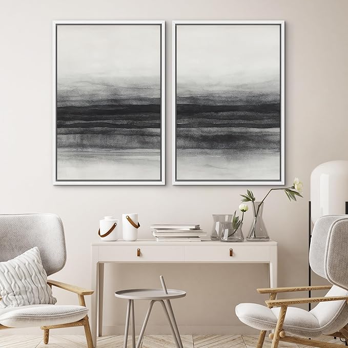 SIGNWIN Framed Canvas Print Wall Art Set Black and Gray Abstract Horizon Modern Minimalist Neutral Illustrations Modern Art Decorative Multicolor for Living Room, Bedroom, Office - 24"x36"x2 White