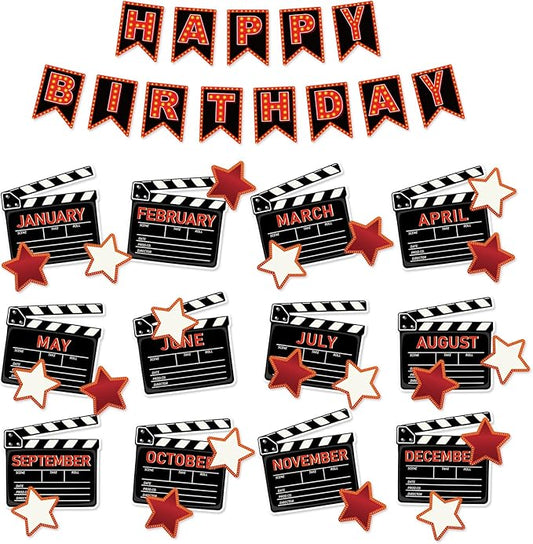 JarThenaAMCS 85Pcs Happy Birthday Bulletin Board Set Movie Night Calendar Poster Movie Stars Classroom Birthday Chart for Back to School Decorations